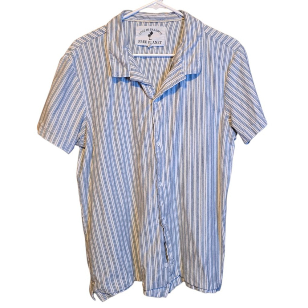 Men's Free Planet Casual Button Down Shirt L White Blue Striped‎